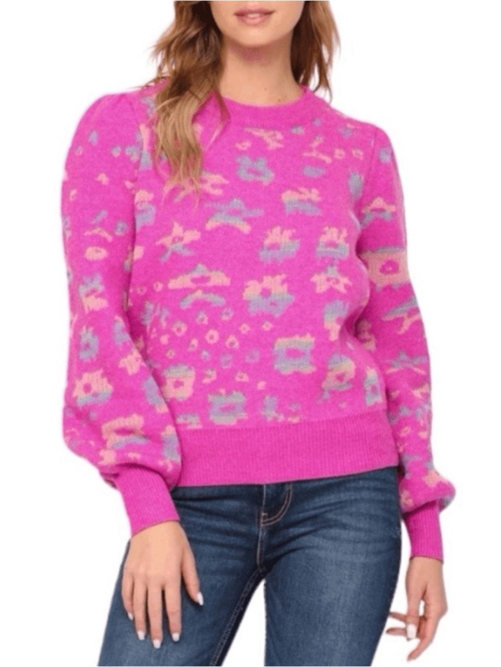 Vici Fate Pink Leopard Puff Sleeve Sweater Small